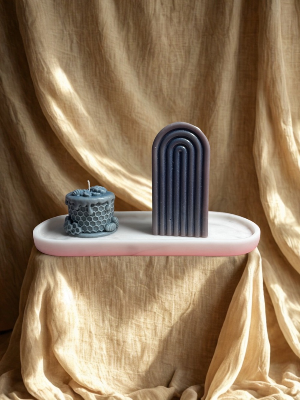 Modern Dark Blue Sculptural Candle Tray Set | Arch Candle Decor Bundle